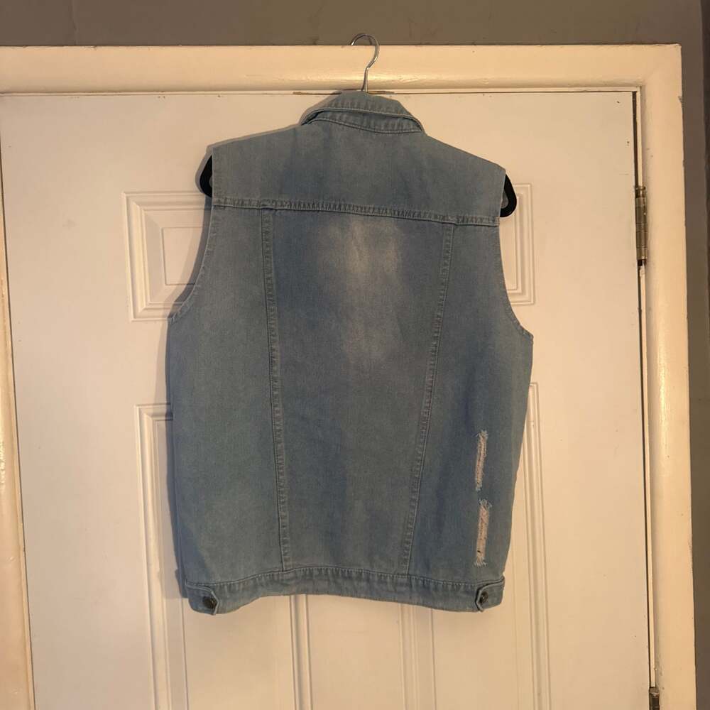 Distressed Light Wash Denim Vest, Men's Sleeveless Jean Jacket, Size L